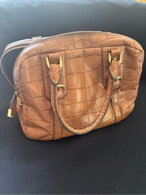 Lauren Ralph Lauren Brown Croc-Embossed 100% Cow Leather Satchel Bag